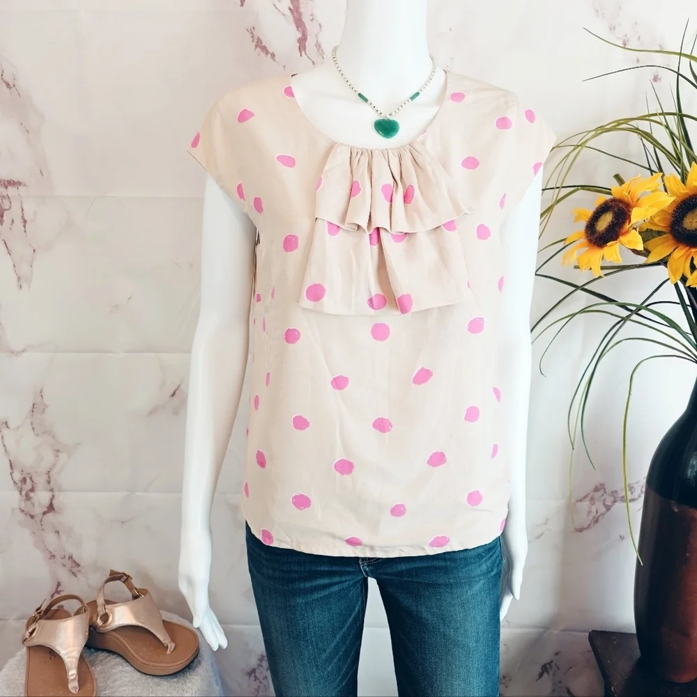 Kate Spade Polka Dot Ruffle Blouse Pink Cream Silk Side Zip Lined